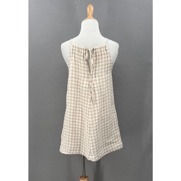 NOTPERFECTLINEN Linen Tunic Mini Dress Womens XS White Tan Gingham Check Strappy - Picture 2 of 14